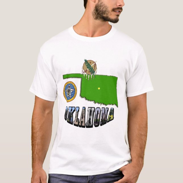 Camiseta Texto de Contorno, Selo e Imagem do Mapa de Oklaho (Frente)