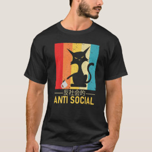 Camiseta Texto De Gato Anti-Social Japonês Estético Vintage