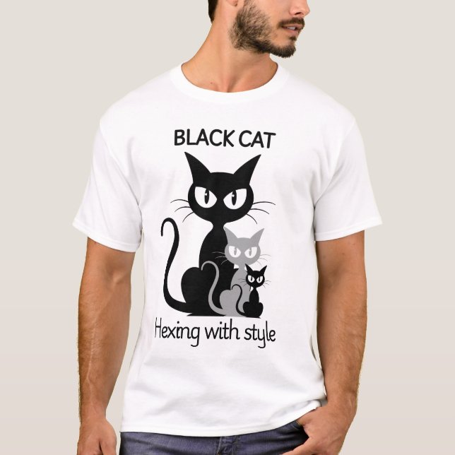 Camiseta Texto de gato preto escrito com três gatos pretos (Frente)