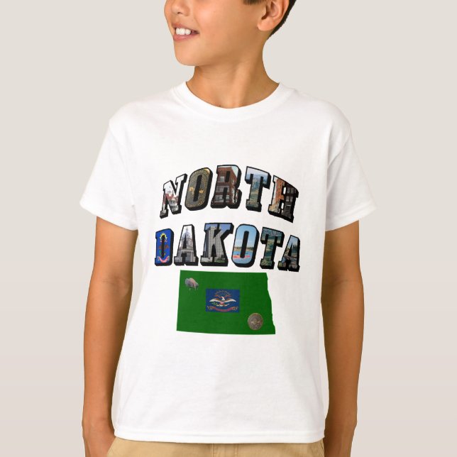 Camiseta Texto de Imagem de Dakota do Norte, Mapa, Kid de B (Frente)