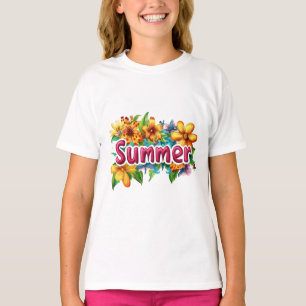 Camiseta Texto de Verão - Ilustração Colorida das Flores de