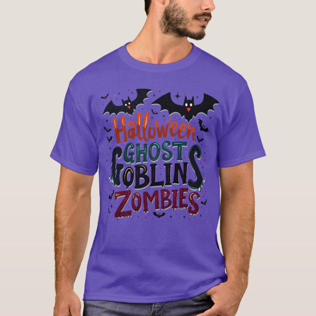 Camiseta Texto do Dia das Bruxas - Ghost Goblins e Zombies (Frente)