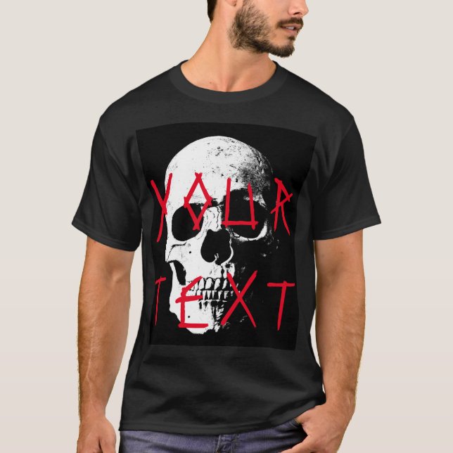 Camiseta Texto do Horror do Crânio Vermelho Negro Moderno M (Frente)
