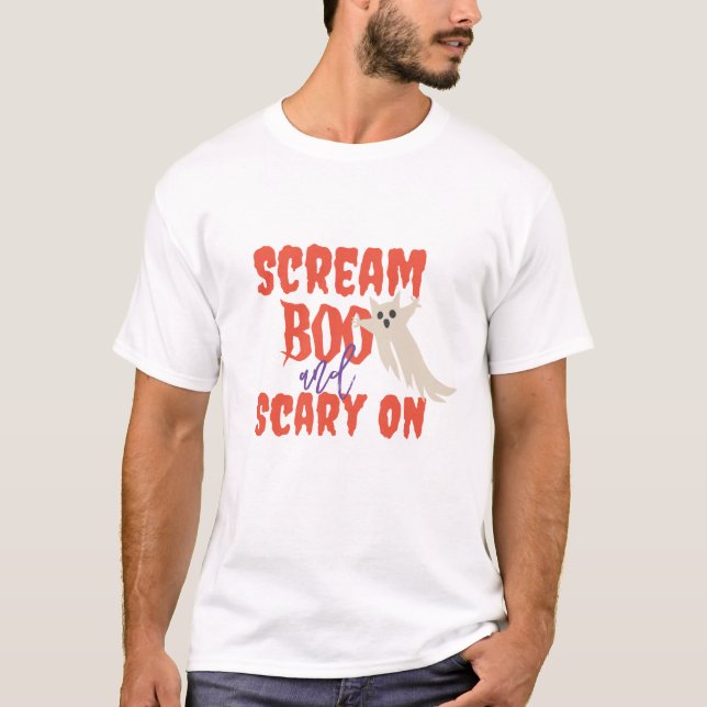 Camiseta Texto Do Rótulo De Halloween Diz Boo E Assusta (Frente)