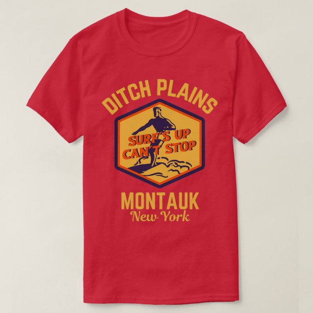 Camiseta Texto Dourado Montauk New York Plains Surf Ditch (Frente do Design)