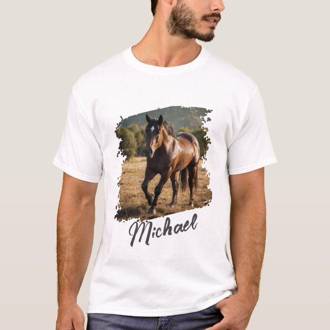 Camiseta Texto e Foto de Cavalos Personalizados da Tendênci (Frente)