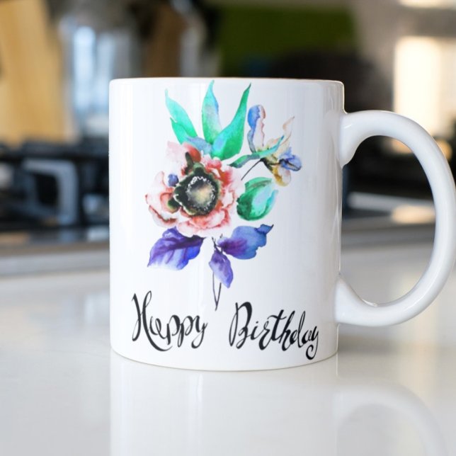 Camiseta Texto feliz de Natal brilhando em vermelho, verde (Flowers with Happy Birthday – Watercolor Mug)