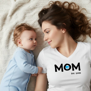 Camiseta Texto Preto Estabelecido Mãe Coração Duplo Azul