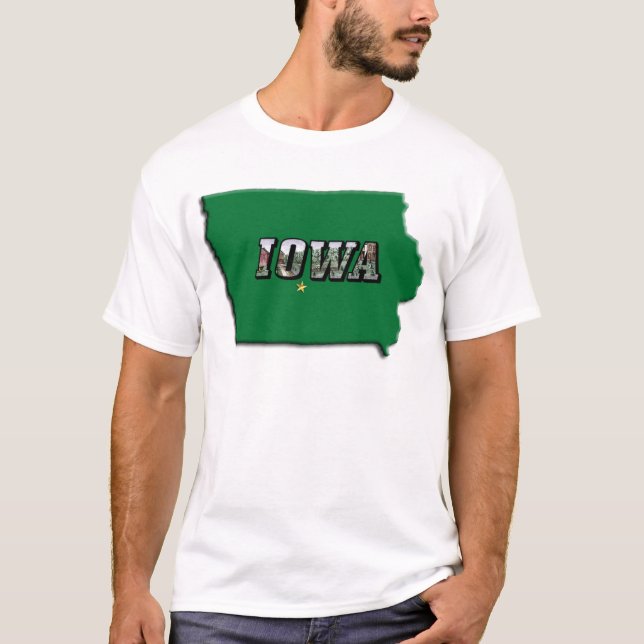 Camiseta Texto Verde do Mapa do Estado de Iowa e Texto Foto (Frente)