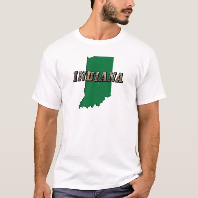 Camiseta Texto Verde e Fotográfico do Mapa do Estado de Ind (Frente)