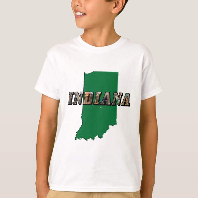 Camiseta Texto Verde e Fotográfico do Mapa do Estado de Ind (Frente)