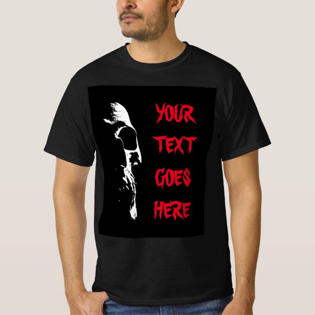Camiseta Texto Vermelho Distante Mens Halloween Crânio Pret (Frente)
