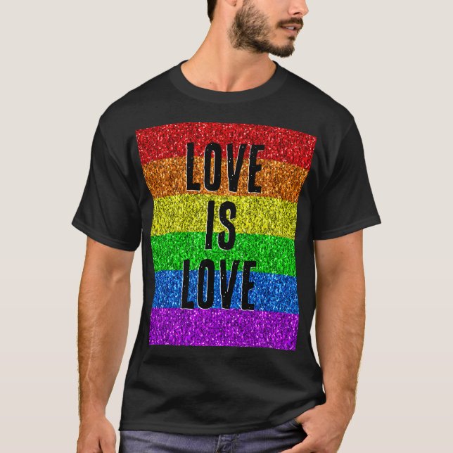 Camiseta Texto vibrante do sinalizador LGBT Sparkle Love pe (Frente)