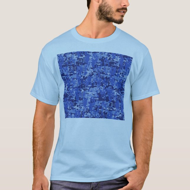 Camiseta Textura de Camuflagem Digital Azul Vibrante (Frente)