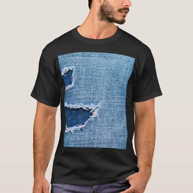 Camiseta Textura do tecido denim rasgada, matizes azuis. (Frente)