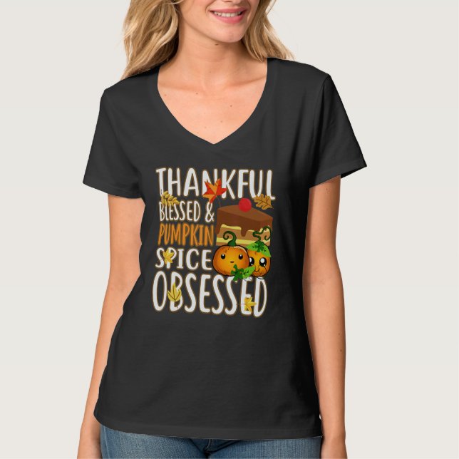 Camiseta Thankful Blessed And Pumpkin Spice Obsessed Thanks (Frente)