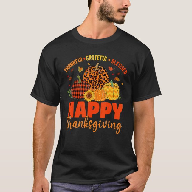 Camiseta Thankful Grateful Blessed Leopard Plaid Pumpkin Th (Frente)