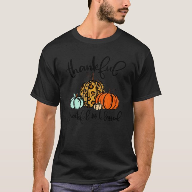 Camiseta Thankful Grateful Blessed Leopard Pumpkins Thanksg (Frente)