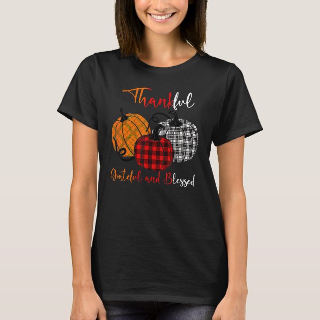 Camiseta Thankful Grateful Blessed Plaid Pumpkin Thanksgivi (Frente)