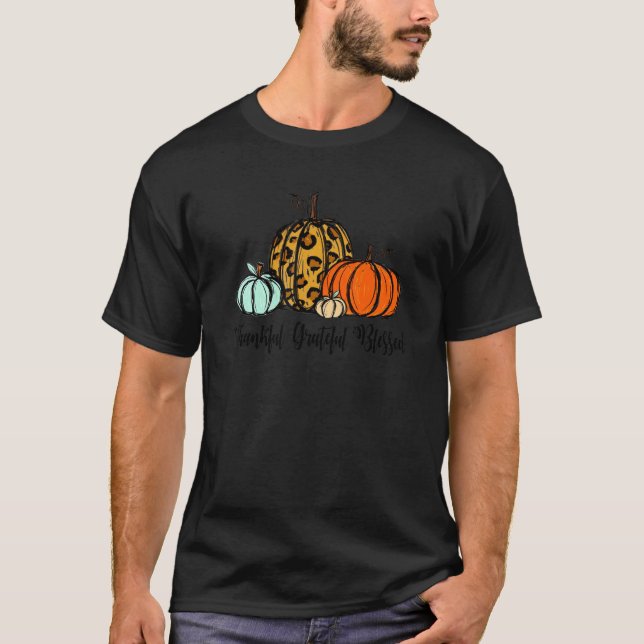 Camiseta Thankful Grateful Blessed Pumpkin Leopard Plaid Th (Frente)