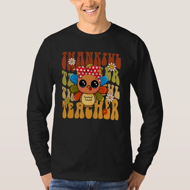Camiseta Thankful Teacher Retro Groovy Thanksgiving Turkey  (Frente)