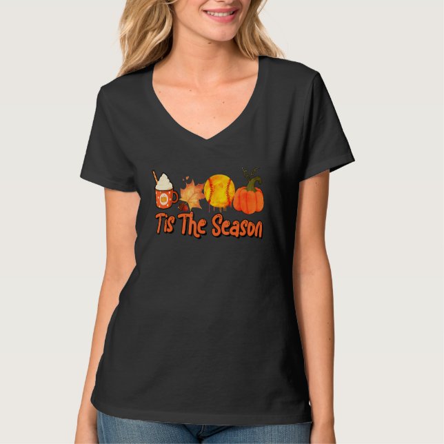 Camiseta Thankful Tis The Season Softball Pumpkin Latte Cof (Frente)