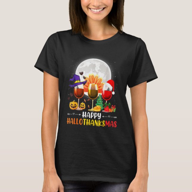 Camiseta Thankgiving Halloween Wine Glass Happy Hallothanks (Frente)