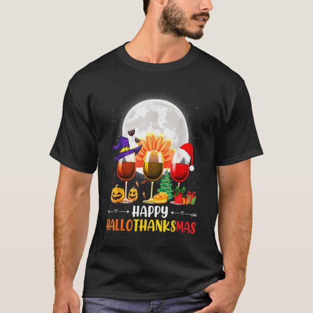 Camiseta Thankgiving Halloween Wine Glass Happy Hallothanks (Frente)