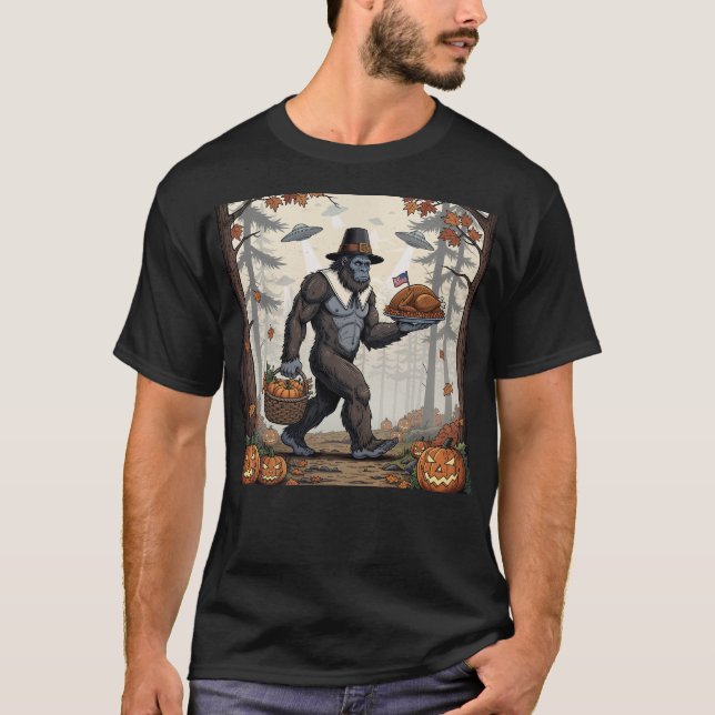 Camiseta Thanksgiving Bigfoot UFO Funny Sasquatch Turkey (Frente)