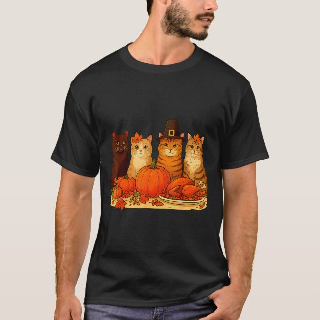 Camiseta Thanksgiving Cats Dinner Pumpkin Autumn Men Women  (Frente)