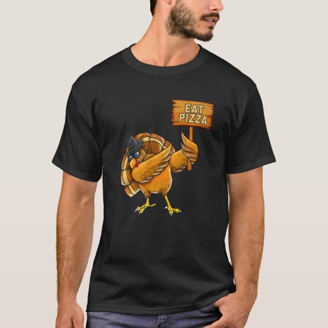 Camiseta Thanksgiving Dabbing Turkey Eat Pizza Adult Vegan  (Frente)