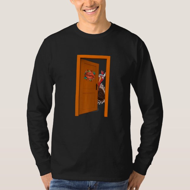 Camiseta Thanksgiving Day Turkey Behinds Door (Frente)