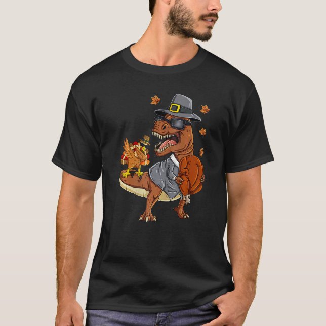 Camiseta Thanksgiving Rex Dabbing Turkey Pilgrim Boys Kids  (Frente)