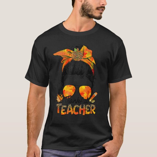 Camiseta Thanksgiving Thankful Teacher Messy Bun Leopard (Frente)