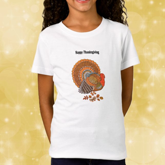 Camiseta Thanksgiving Turkey Colourful Feathers in Leaves (Happy Thanksgiving turkey colourful Autumn hues feathers in leaves on kids tee shirt.)