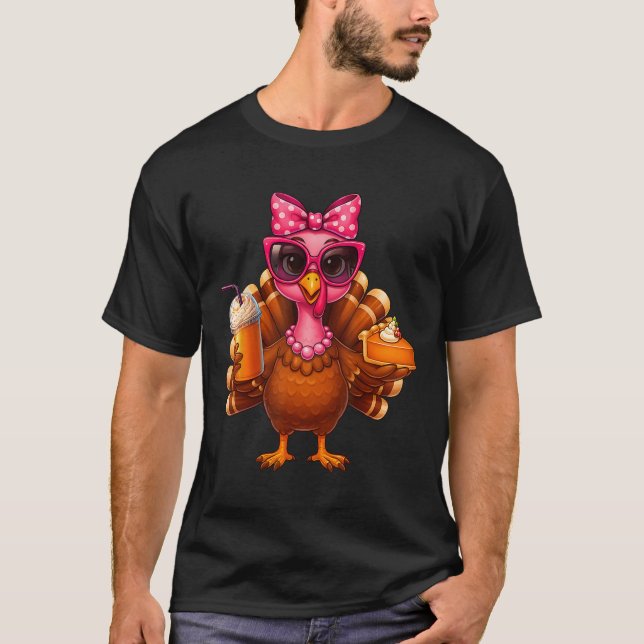 Camiseta Thanksgiving Turkey Drinking Coffee Bow Pie Turkey (Frente)