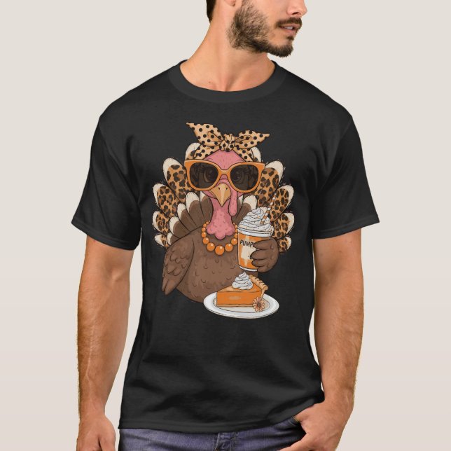 Camiseta Thanksgiving Turkey Drinking Coffee Leopard   (Frente)