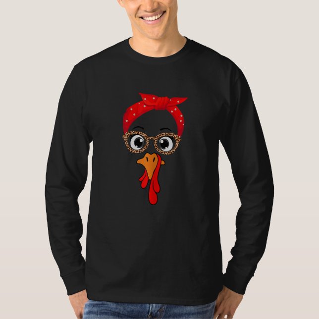 Camiseta Thanksgiving Turkey Face Leopard Print Glasses Wom (Frente)