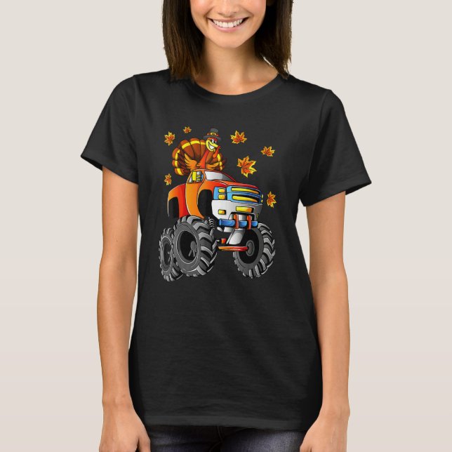 Camiseta Thanksgiving Turkey Riding Monster Truck Boys Kids (Frente)