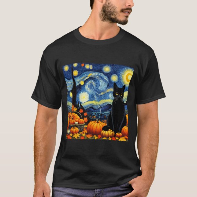 Camiseta Thanksgiving Van Gogh Starry Night Black Cat Pumpk (Frente)