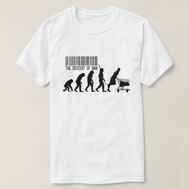 Camiseta The Descent of Man Funny Evolution Parody Shopping (Frente do Design)