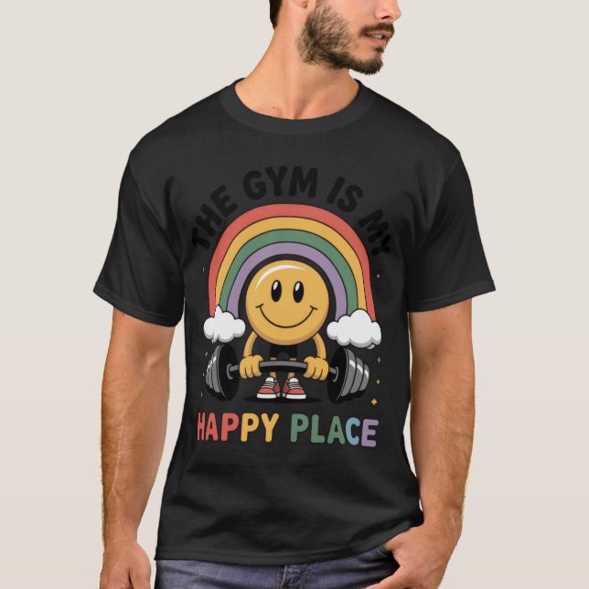 Camiseta The Gym Is My Happy Place Smiley Rainbow Fitness   (Frente)
