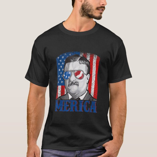 Camiseta Theodore Roosevelt 4 De Julho Homens Usa Bandeira  (Frente)