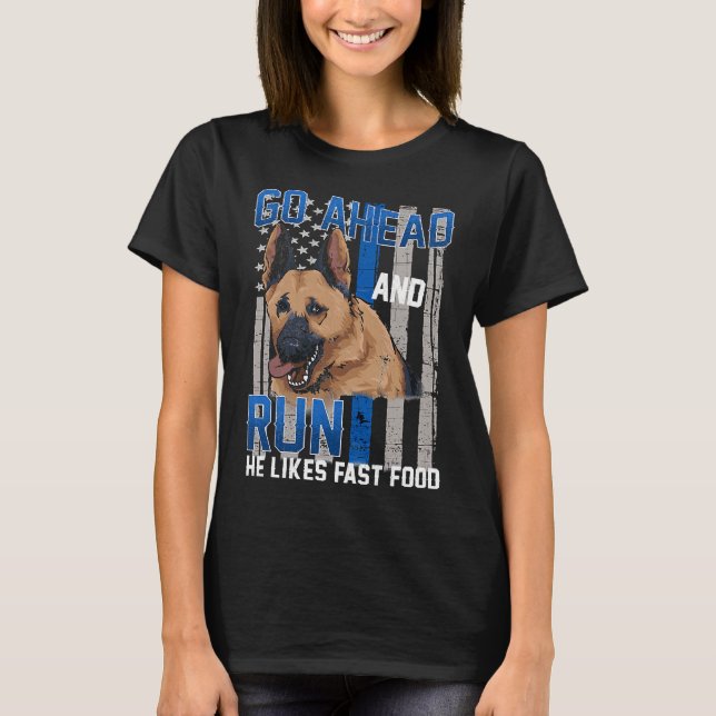 Camiseta Thin Blue Line Flag Police Dog German Shepherd K 9 (Frente)