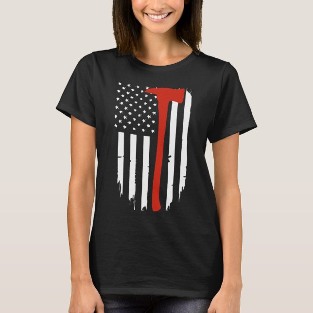 Camiseta Thin Red Line Ax American Flag Patriot Firemoon (Frente)