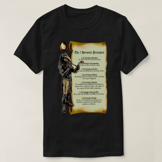Camiseta Thoth e os 7 Princípios Herméticos Egípcios e G (Frente do Design)
