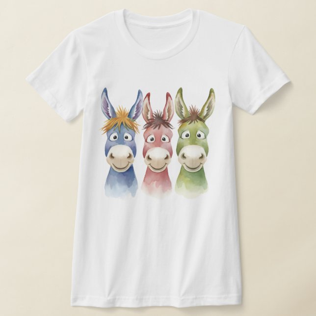 Camiseta Three Colorful Cartoon Donkeys in Watercolor Style (Postura )