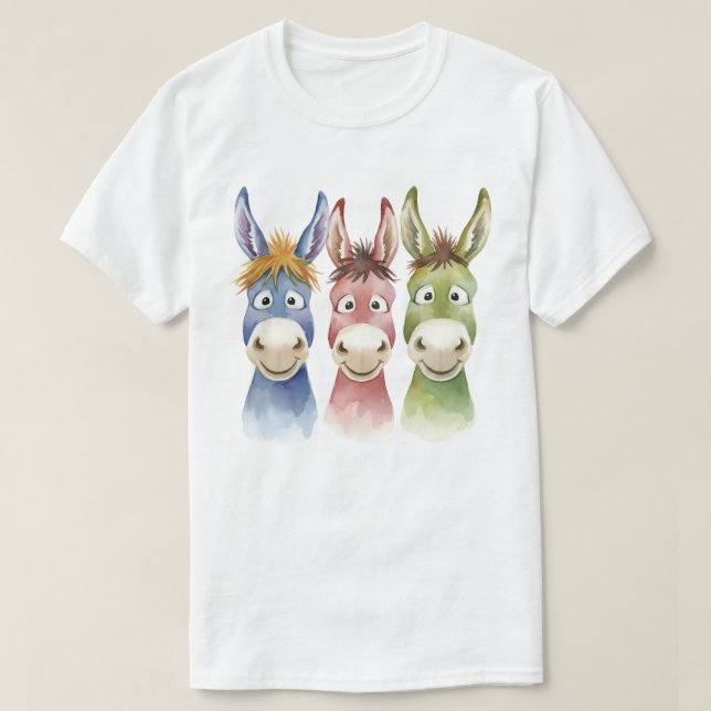 Camiseta Three Colorful Cartoon Donkeys in Watercolor Style (Frente do Design)