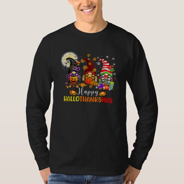 Camiseta Three Gnomes Halloween Merry Christmas Happy Hallo (Frente)