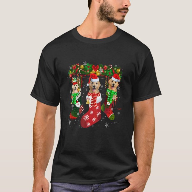 Camiseta Three Golden Retriever In Socks Christmas Santa Ha (Frente)